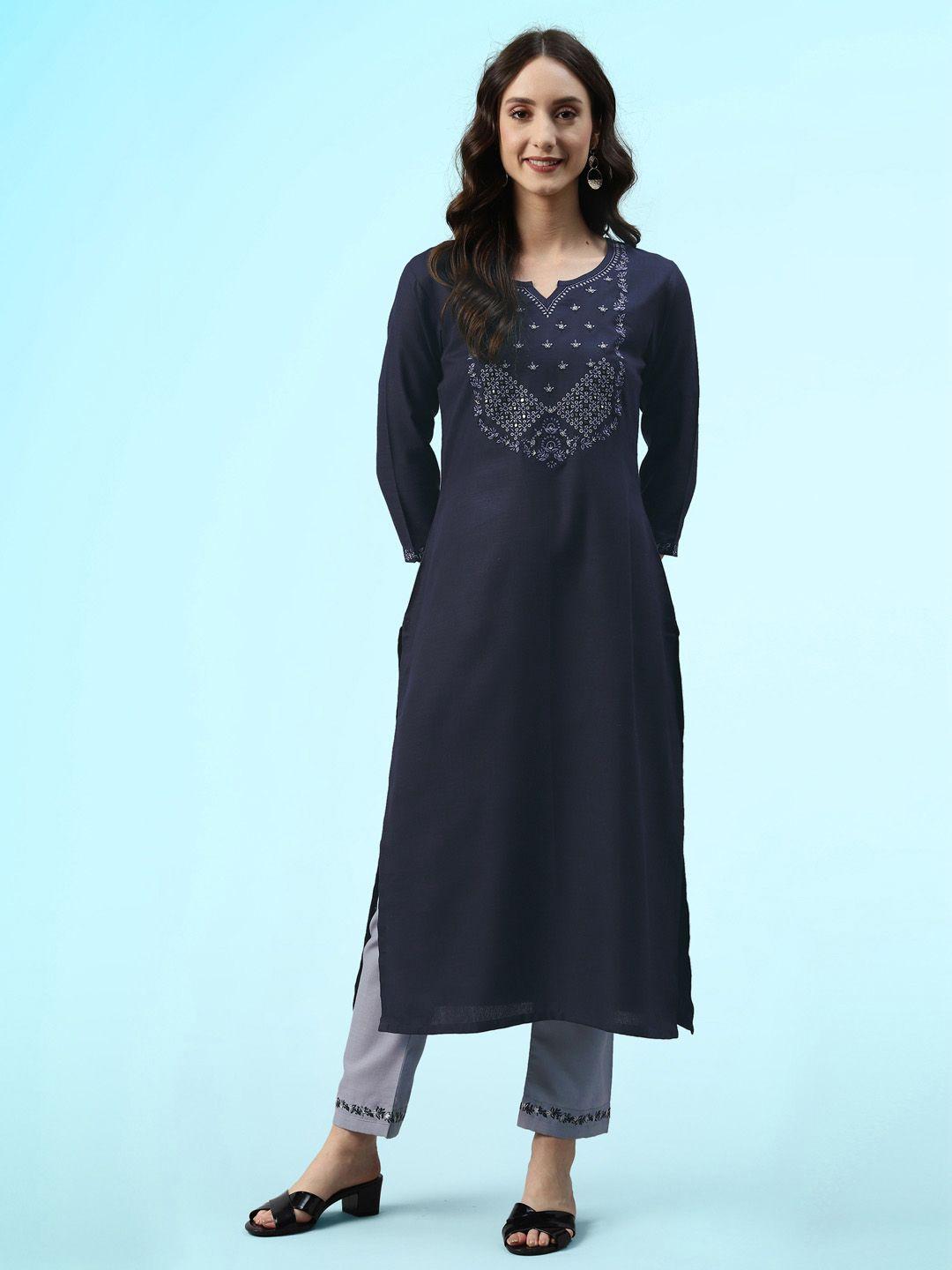 sangria embroidered mirror work straight kurta with trousers