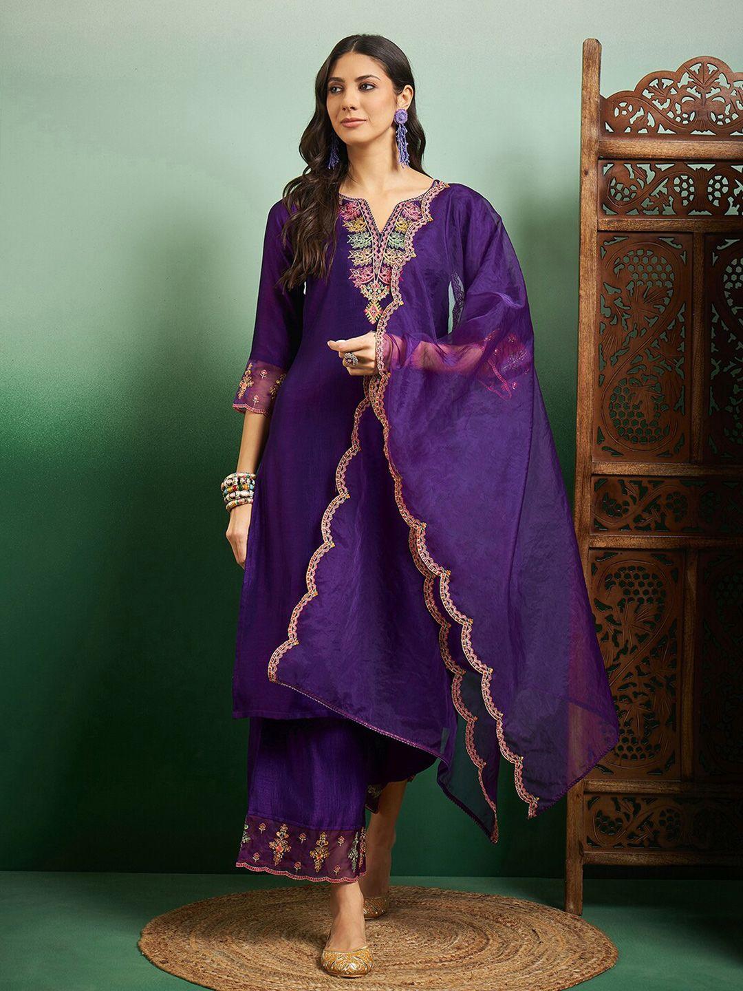 sangria embroidered notch neck kurta with plazzo & dupatta