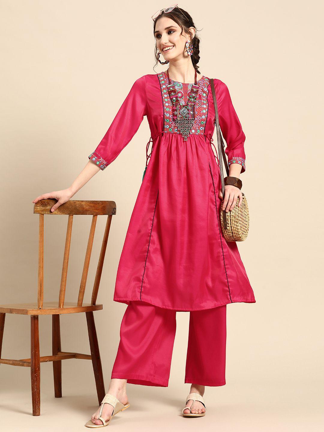 sangria embroidered pleated mirror work kurta with palazzos