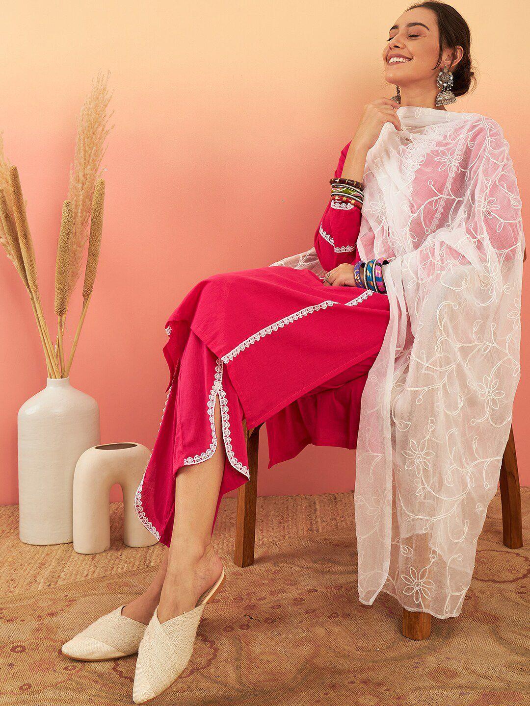 sangria embroidered pure cotton kurta with trouser & dupatta