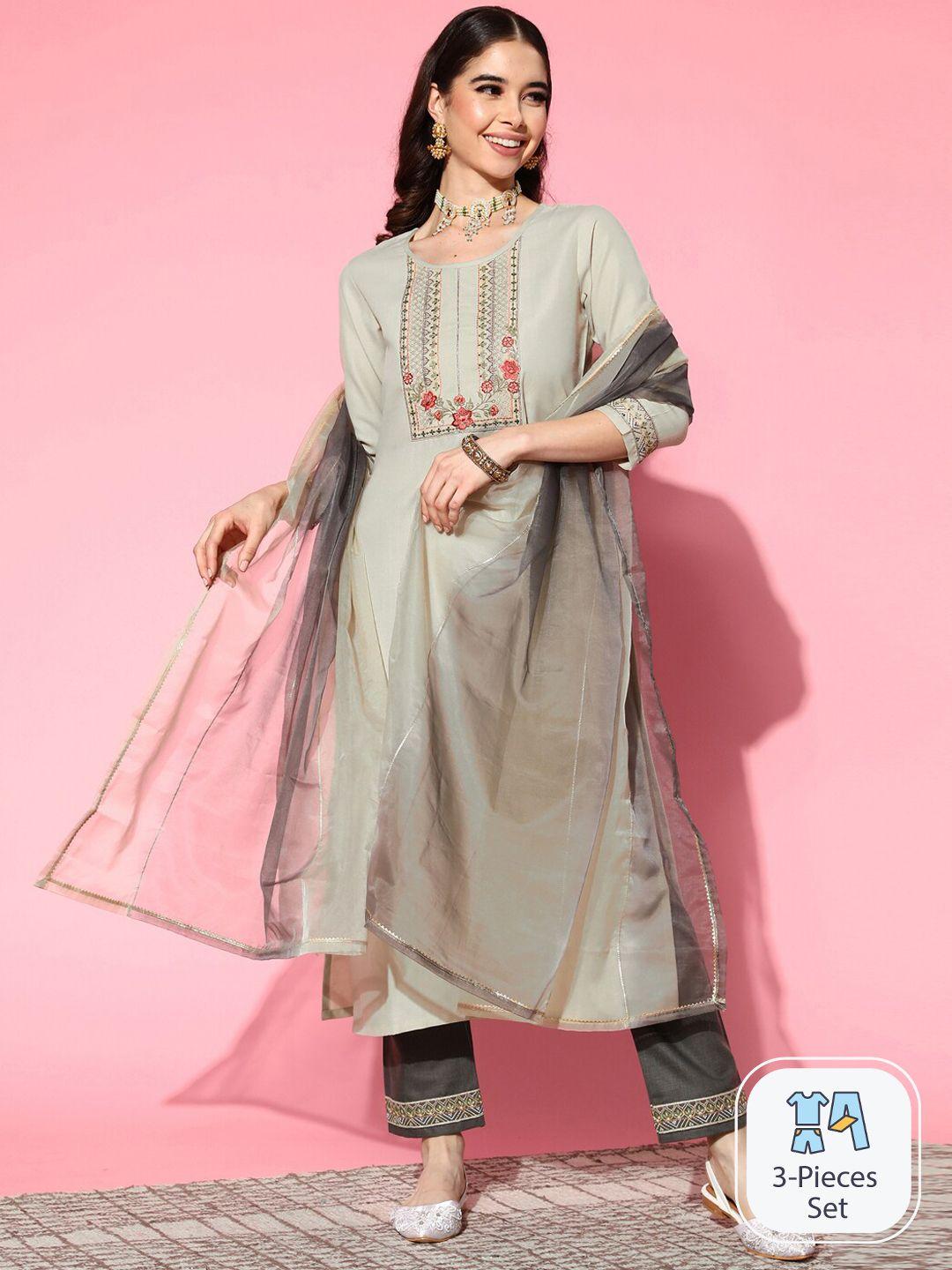 sangria embroidered pure cotton straight kurta & trouser with dupatta