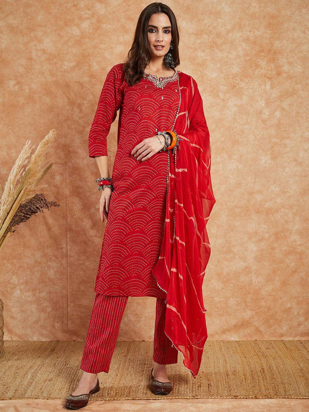 sangria embroidered pure cotton straight kurta with trousers& dupatta
