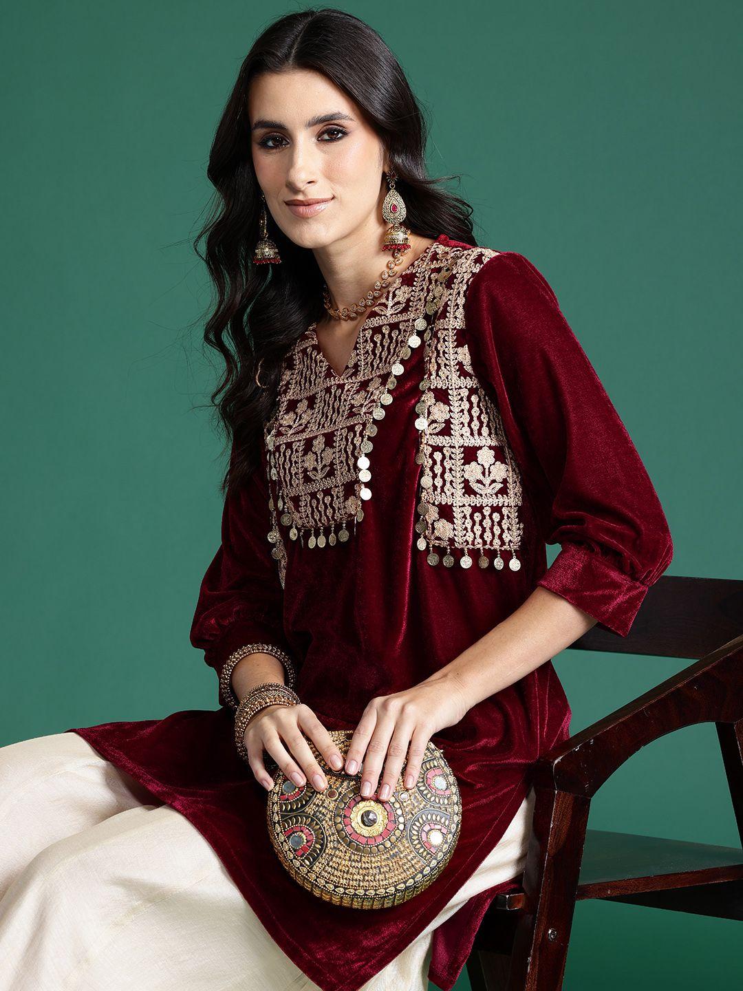 sangria embroidered sequin detail velvet finish kurta