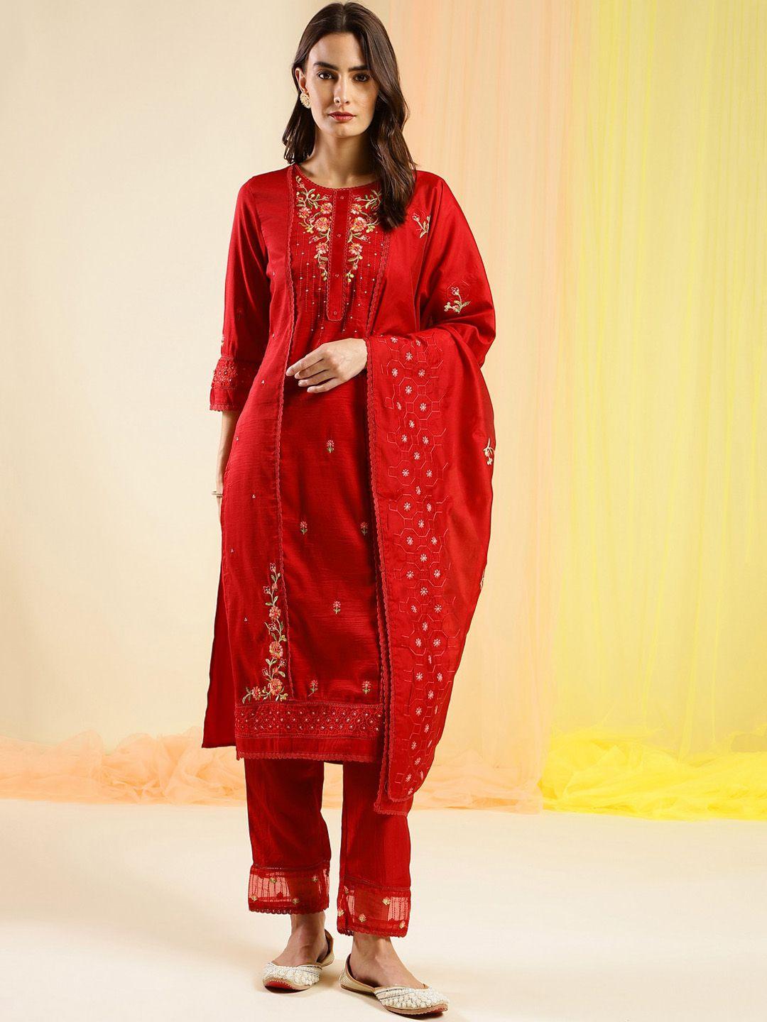 sangria embroidered straight kurta with trouser & dupatta set