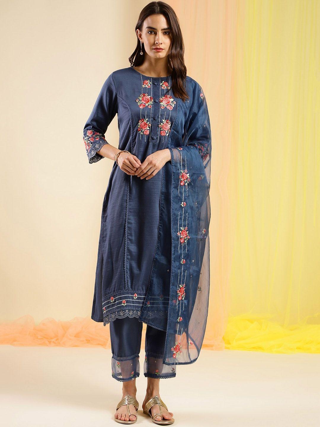 sangria embroidered straight kurta with trouser & dupatta set