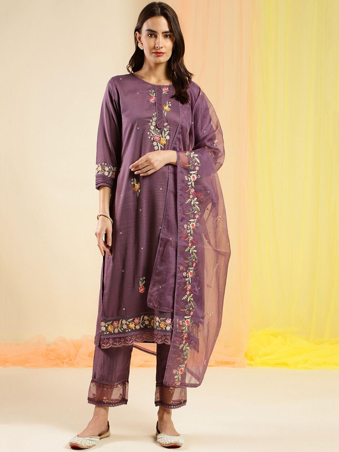 sangria embroidered straight kurta with trouser & dupatta set