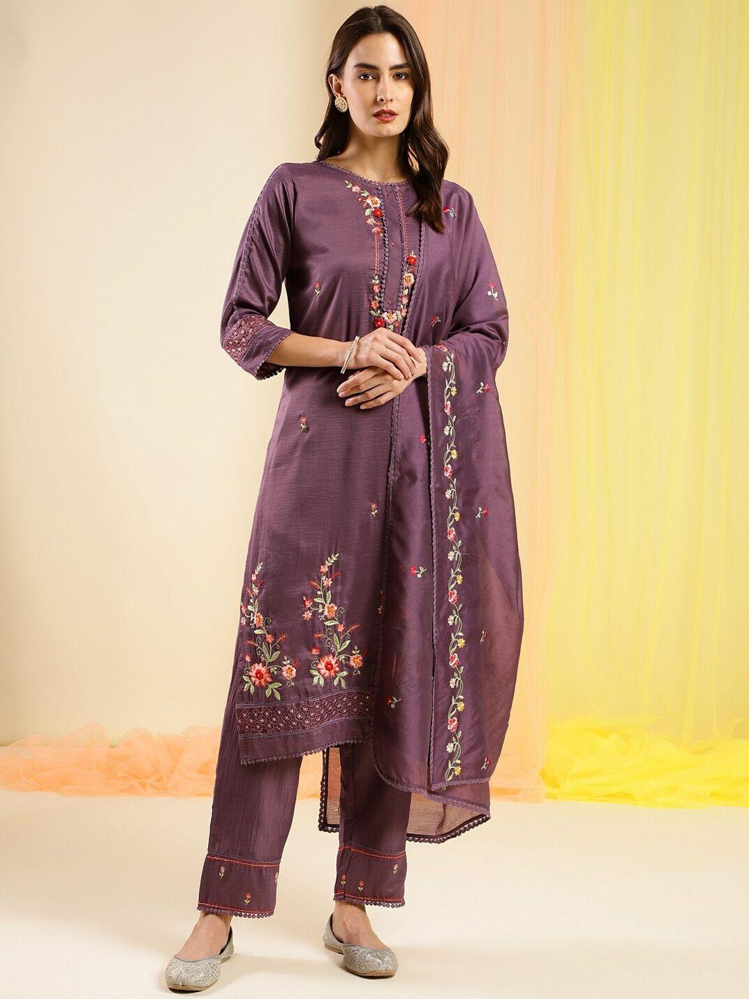 sangria embroidered straight kurta with trouser & dupatta set