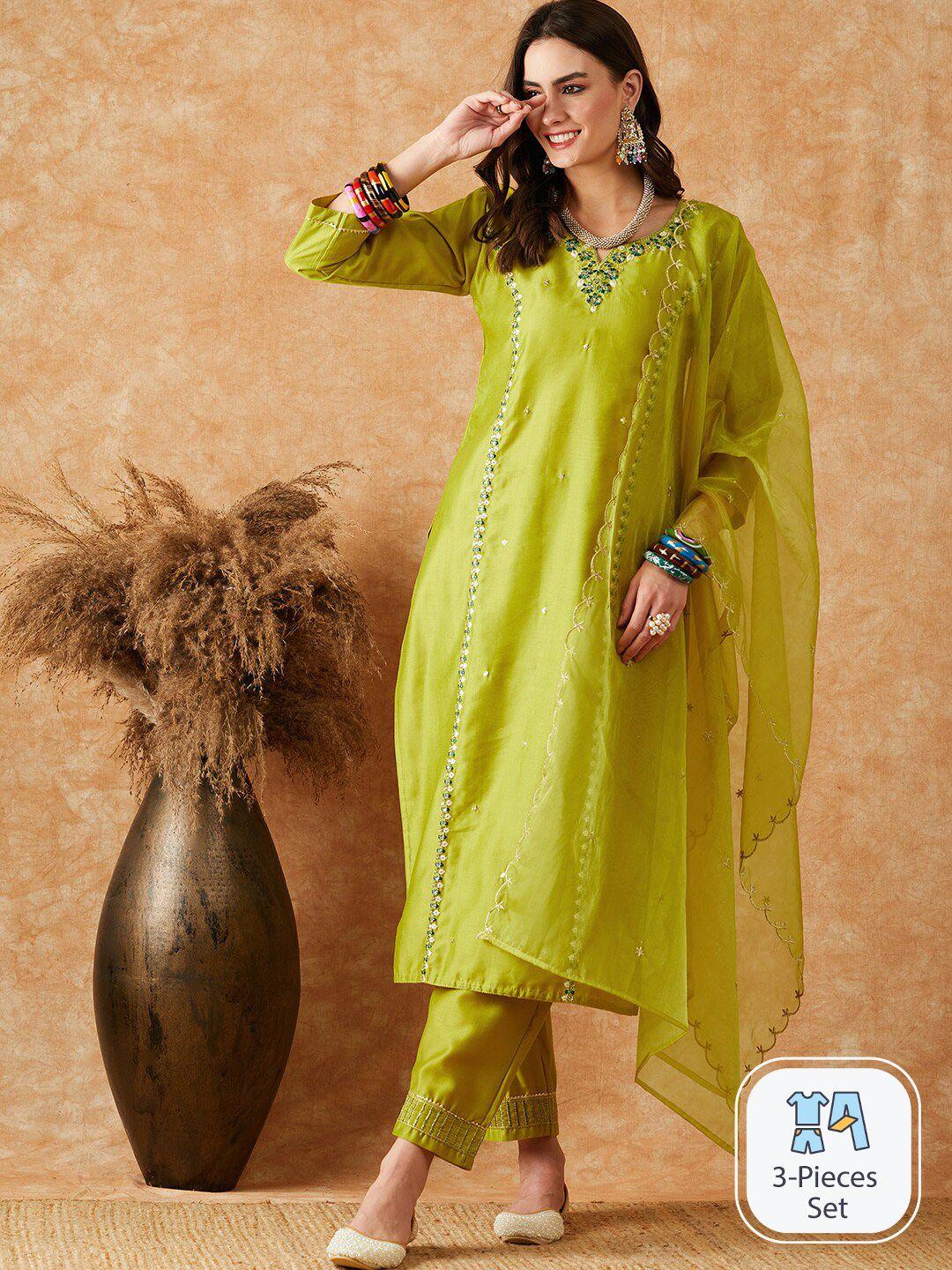 sangria embroidered straight kurta with trouser & dupatta set