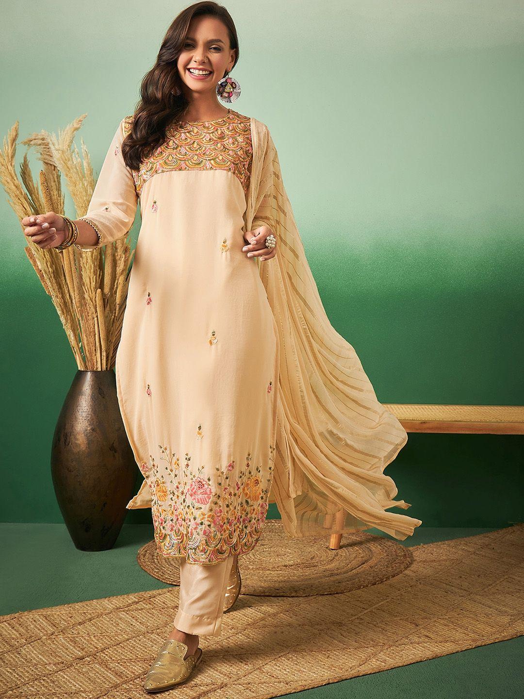 sangria embroidered straight kurta with trouser & dupatta set