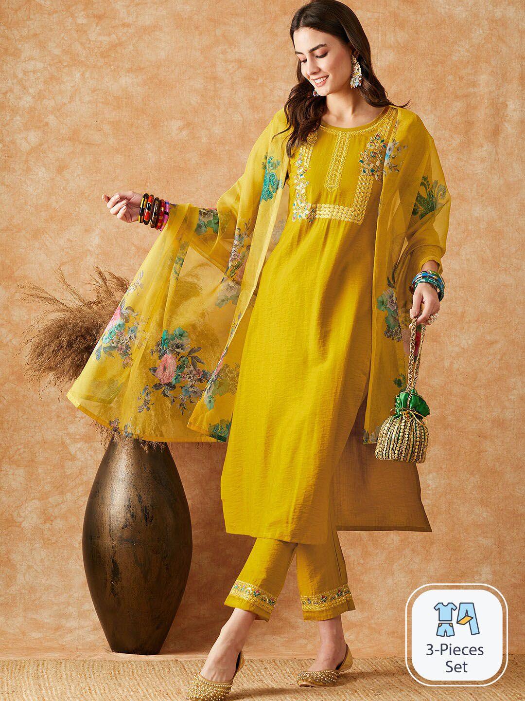 sangria embroidered straight kurta with trouser & dupatta