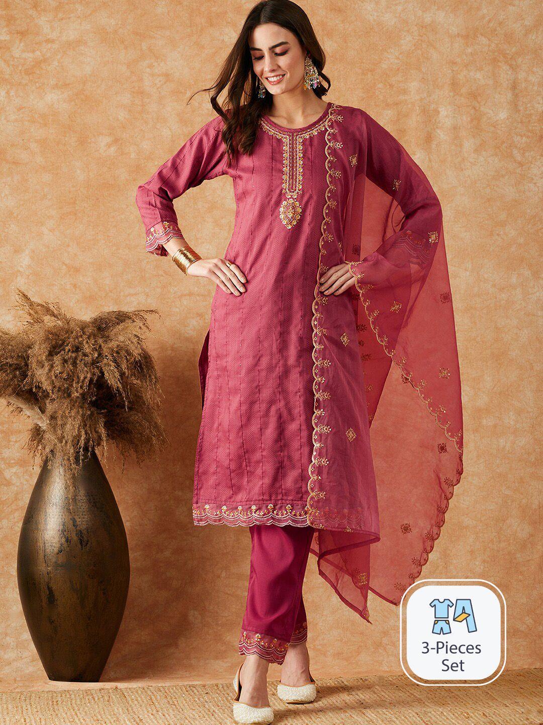 sangria embroidered straight kurta with trouser & dupatta