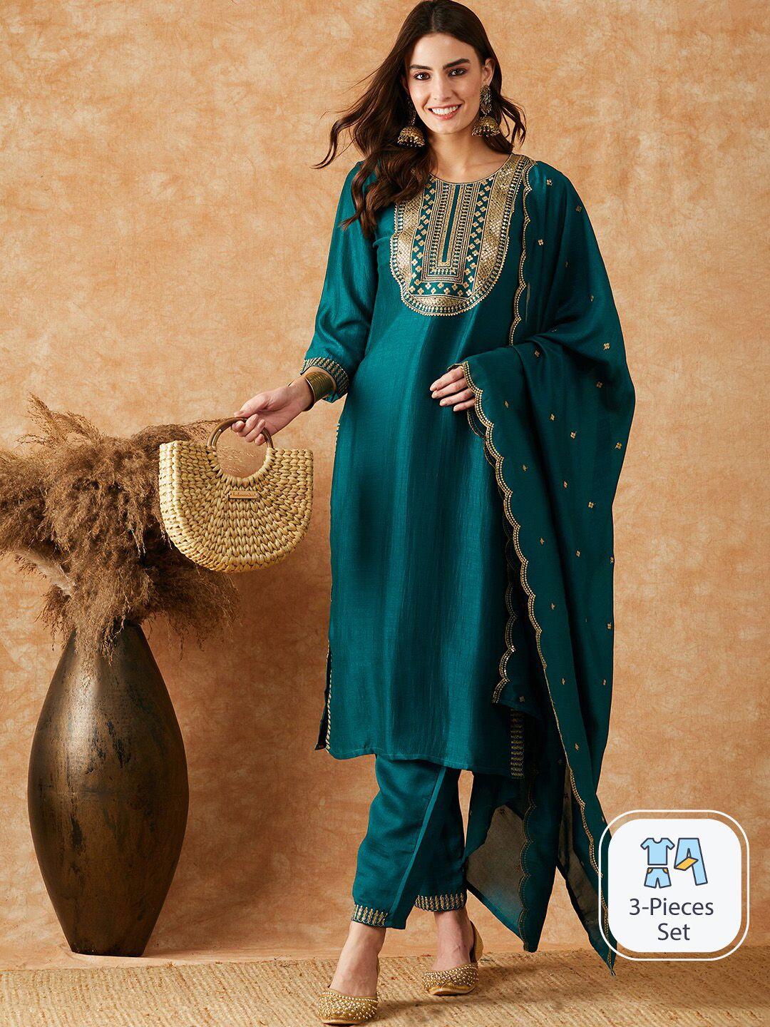 sangria embroidered straight kurta with trouser & dupatta