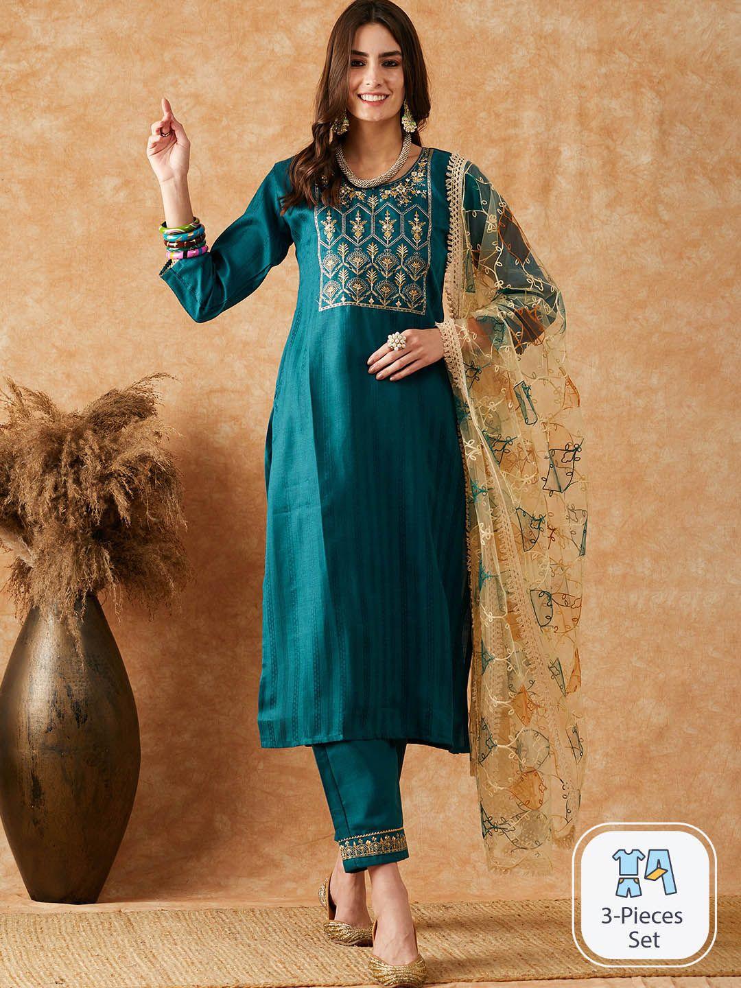 sangria embroidered straight kurta with trouser & dupatta