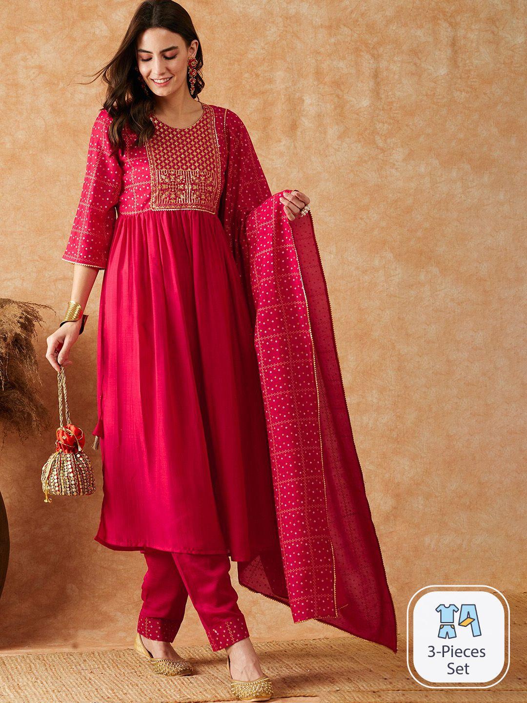 sangria embroidered straight kurta with trouser & printed dupatta