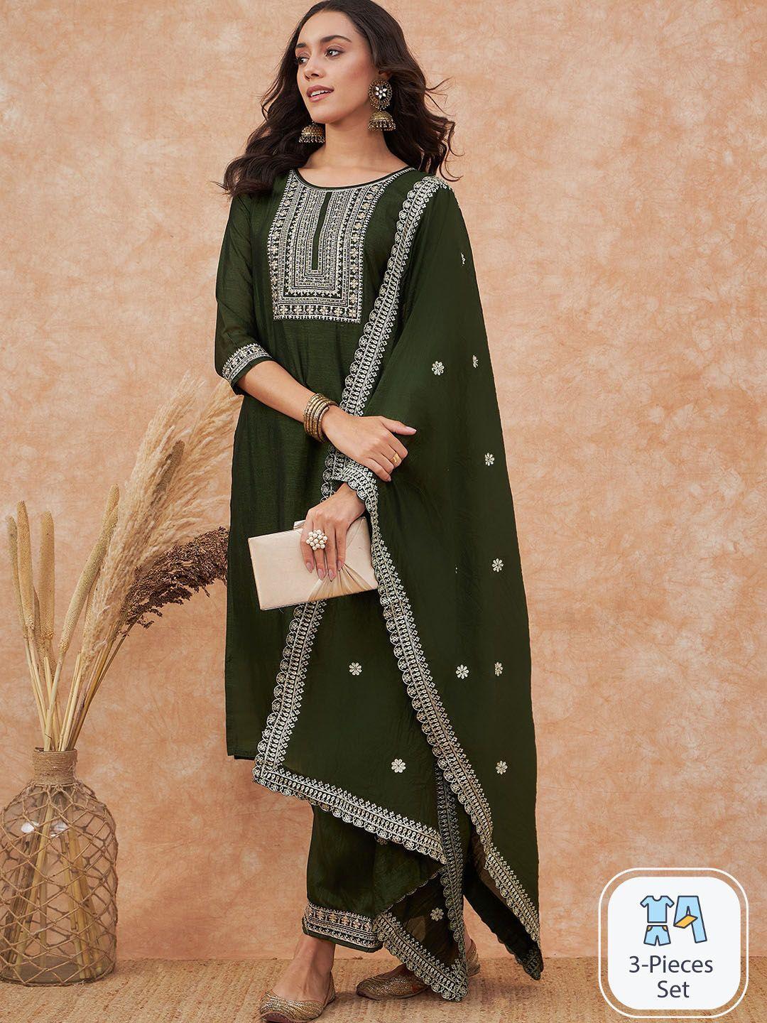 sangria embroidered straight kurta with trousers & dupatta