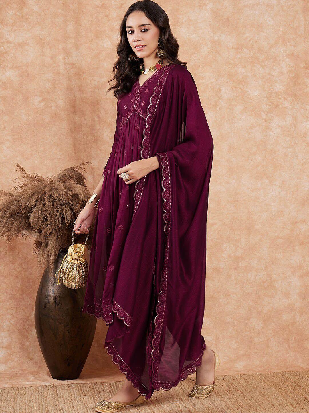 sangria embroidered v-neck a-line kurta with trouser & dupatta