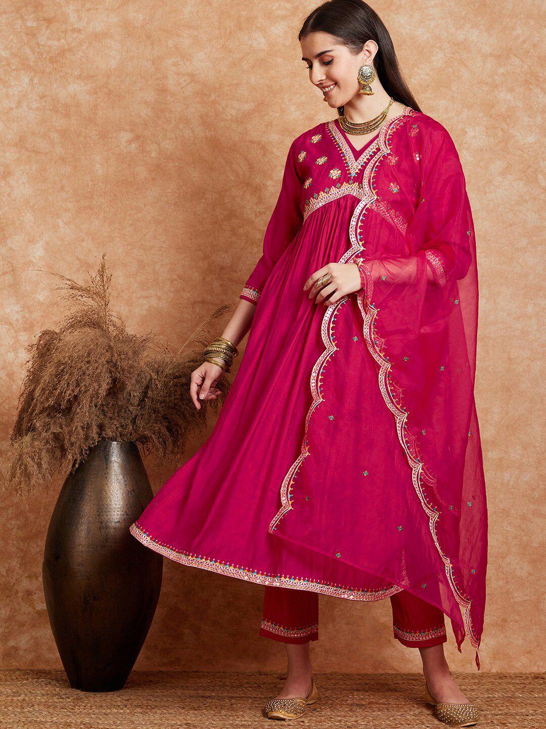 sangria embroidered v-neck a-line kurta with trousers & dupatta