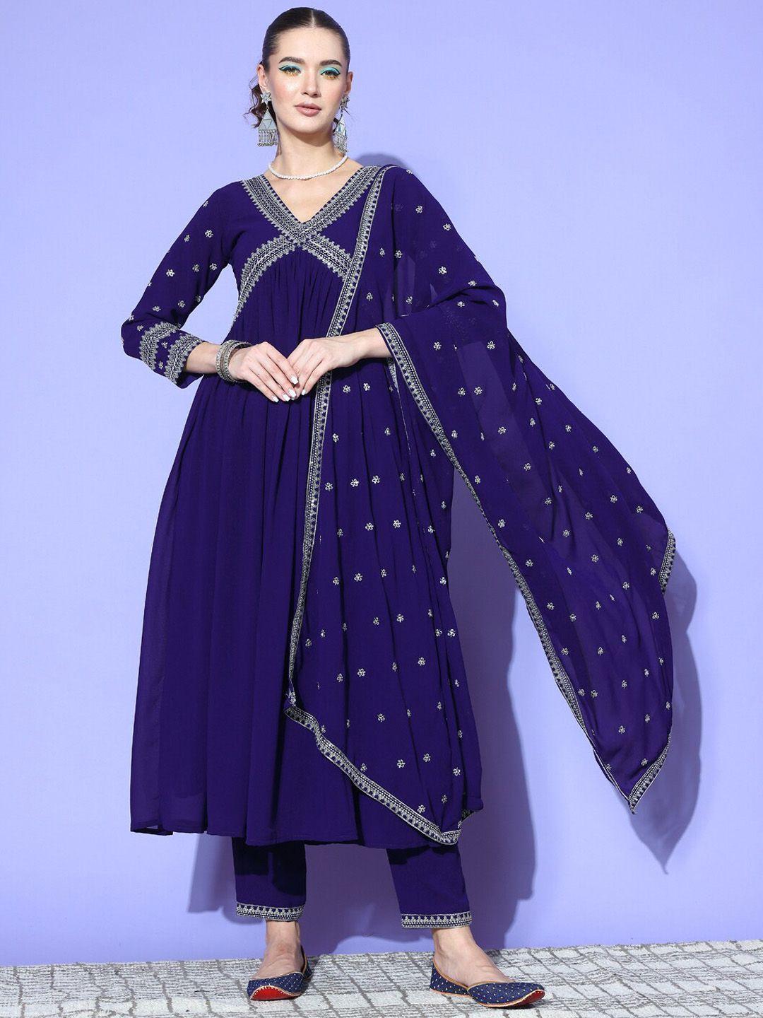 sangria embroidered v-neck a-line kurta with trousers & dupatta