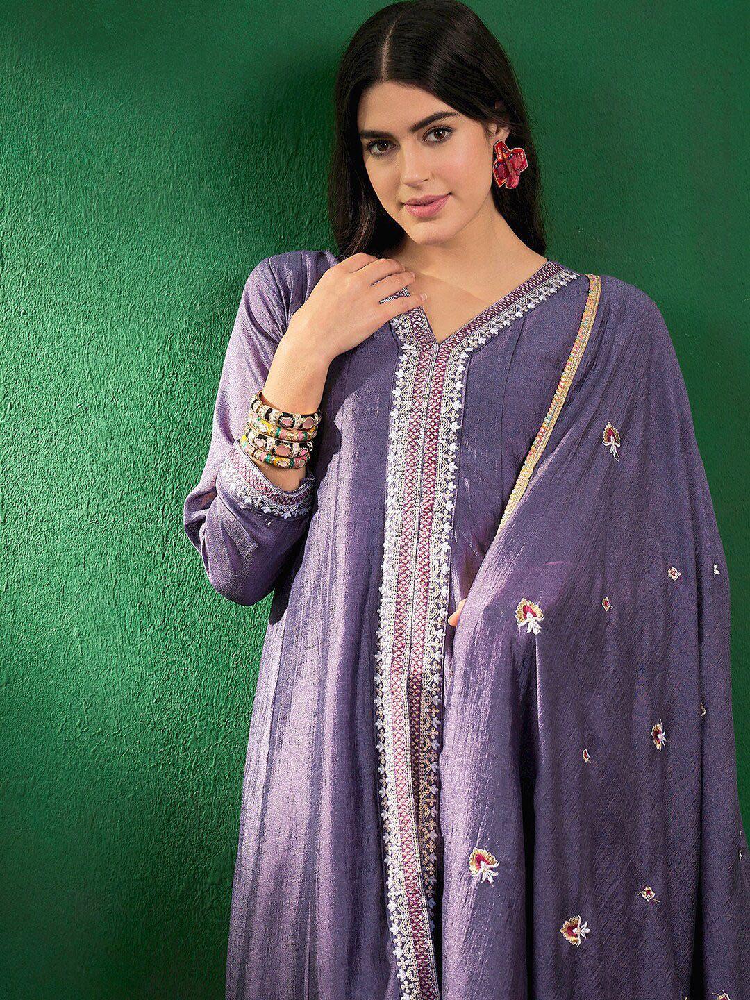 sangria embroidered v neck a-line kurta with trousers & dupatta