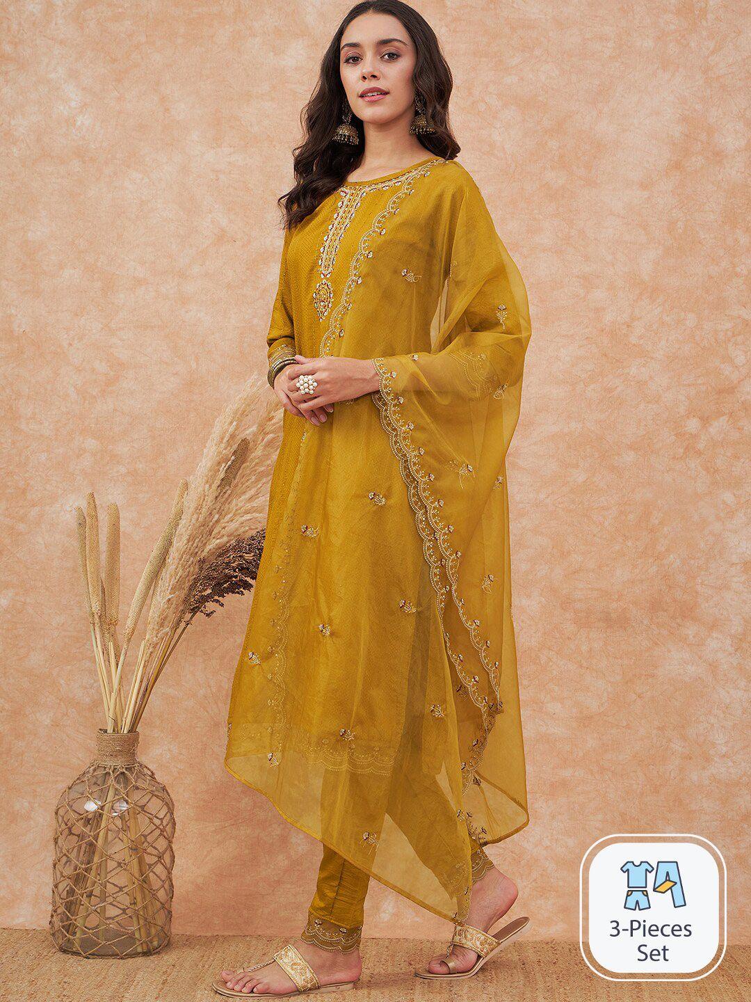 sangria embroidery silk straight kurta with trouser & dupatta set