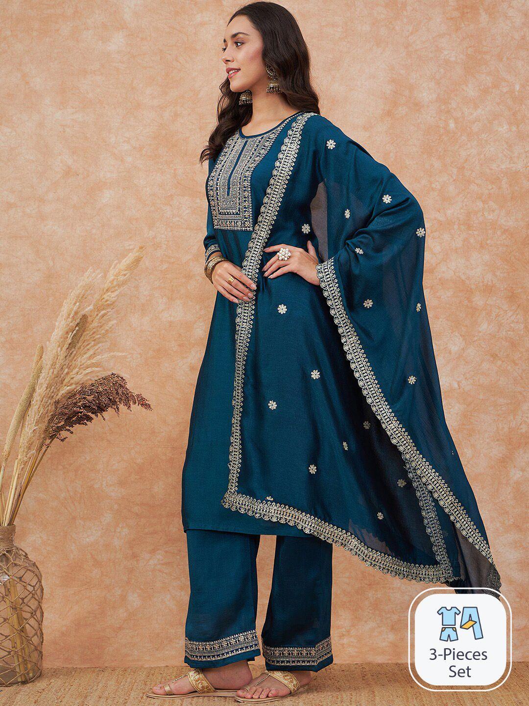 sangria embroidery silk straight kurta with trouser & dupatta set