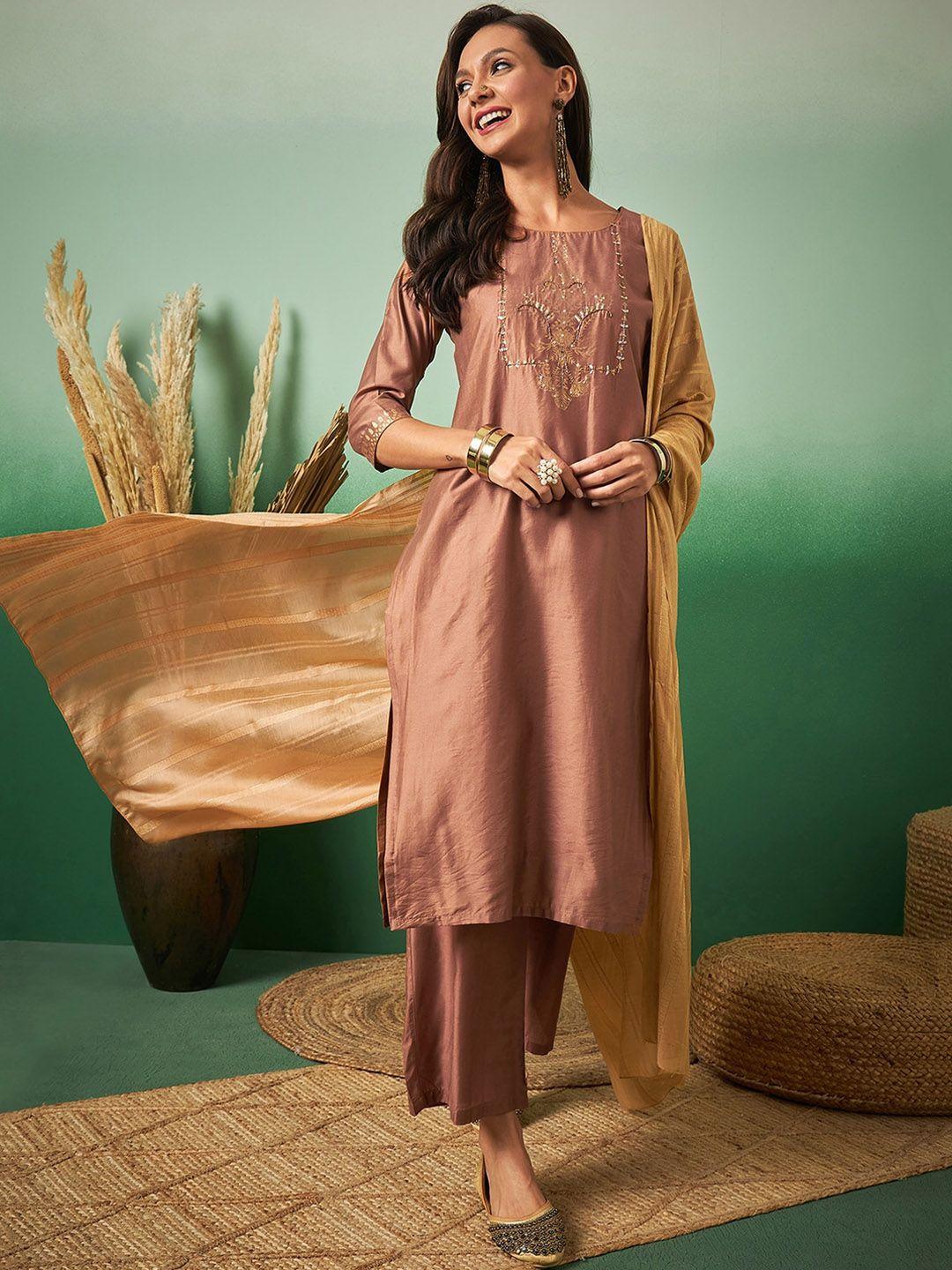 sangria embroidery straight kurta with trouser & dupatta set