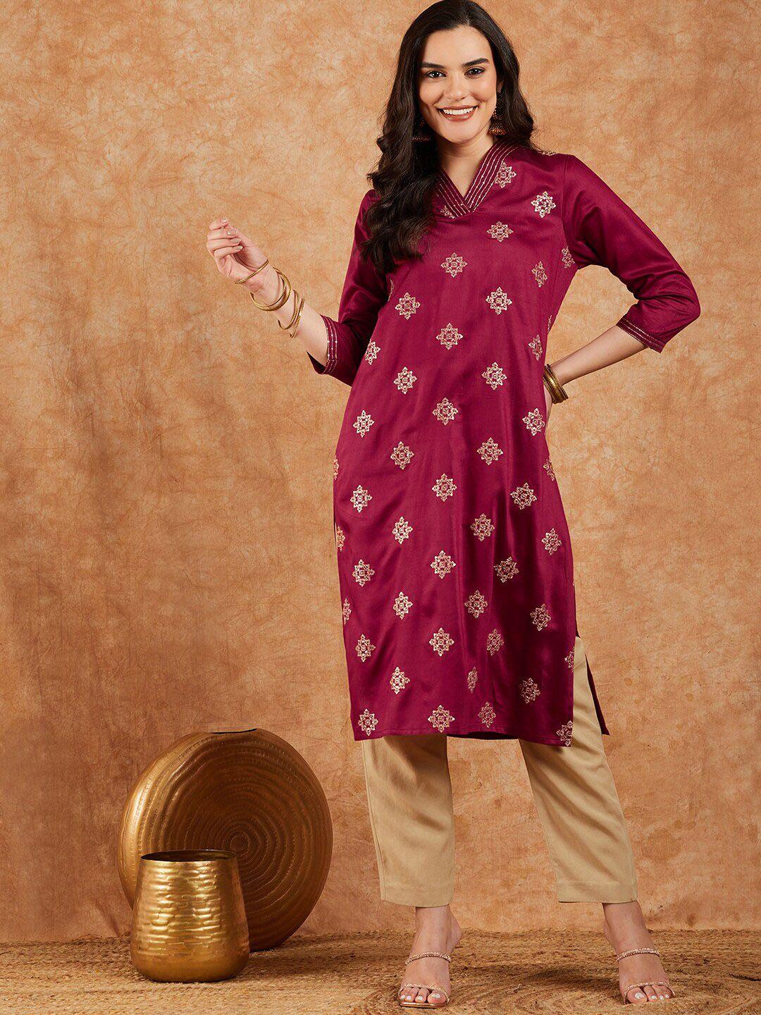 sangria ethnic motif embroidered sequin straight fit kurta