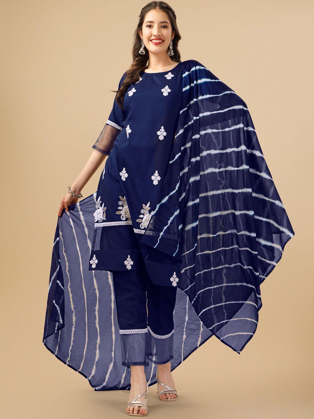 sangria ethnic motif embroidered straight kurta with trouser & duapatta