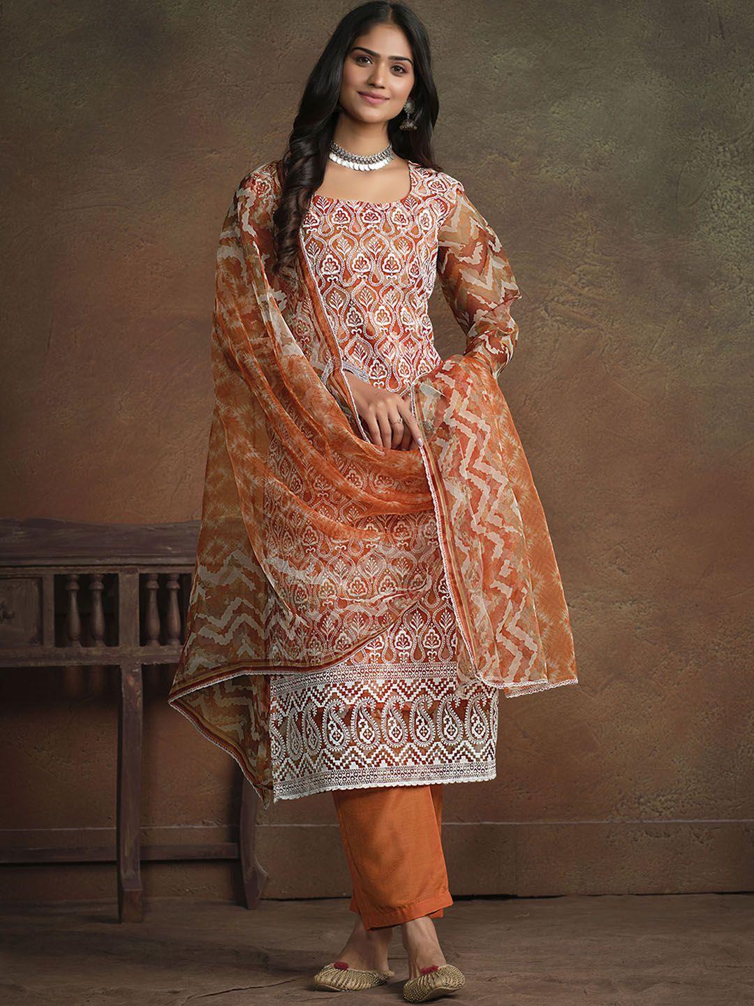 sangria ethnic motif embroidered straight kurta with trouser & dupatta