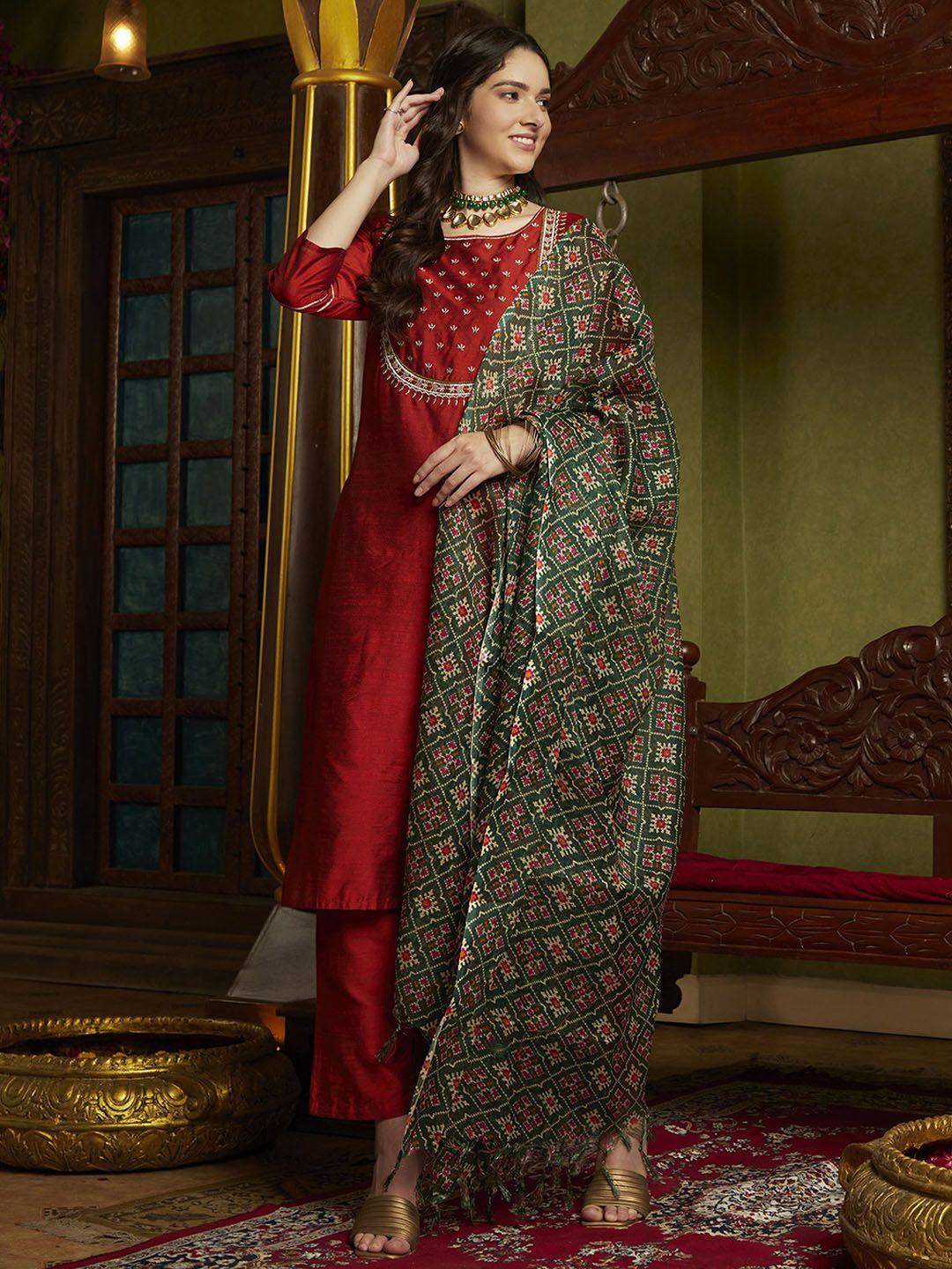sangria ethnic motif embroidered straight zari kurta & trouser with dupatta