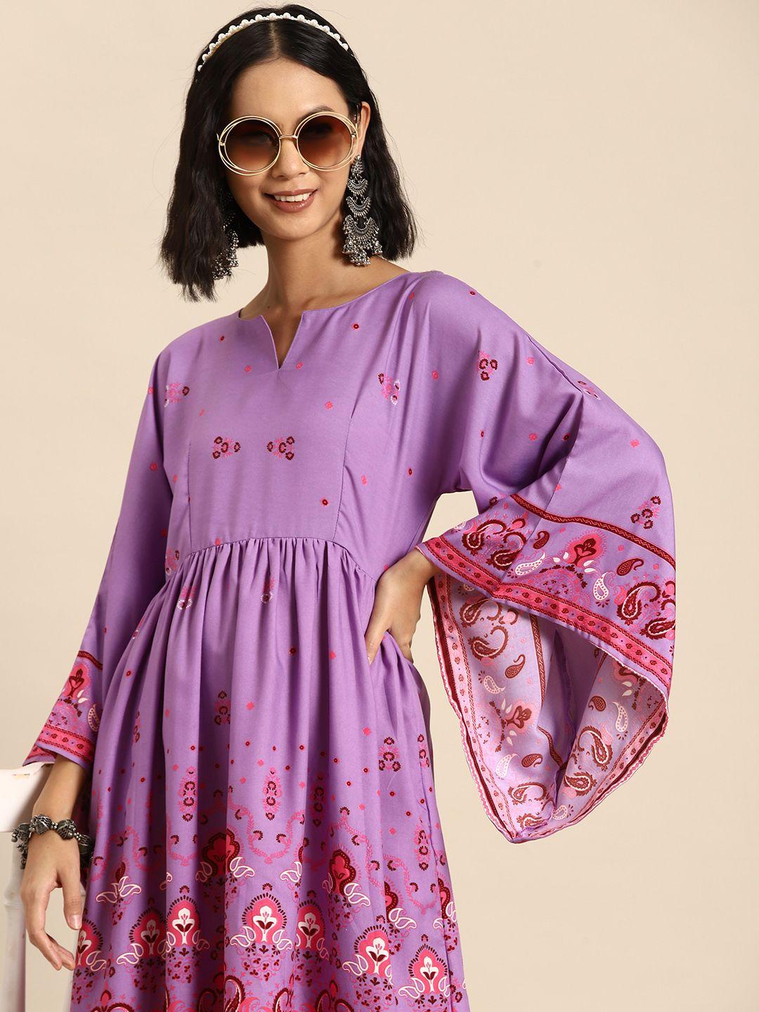 sangria ethnic motif print flared sleeves pleated dress