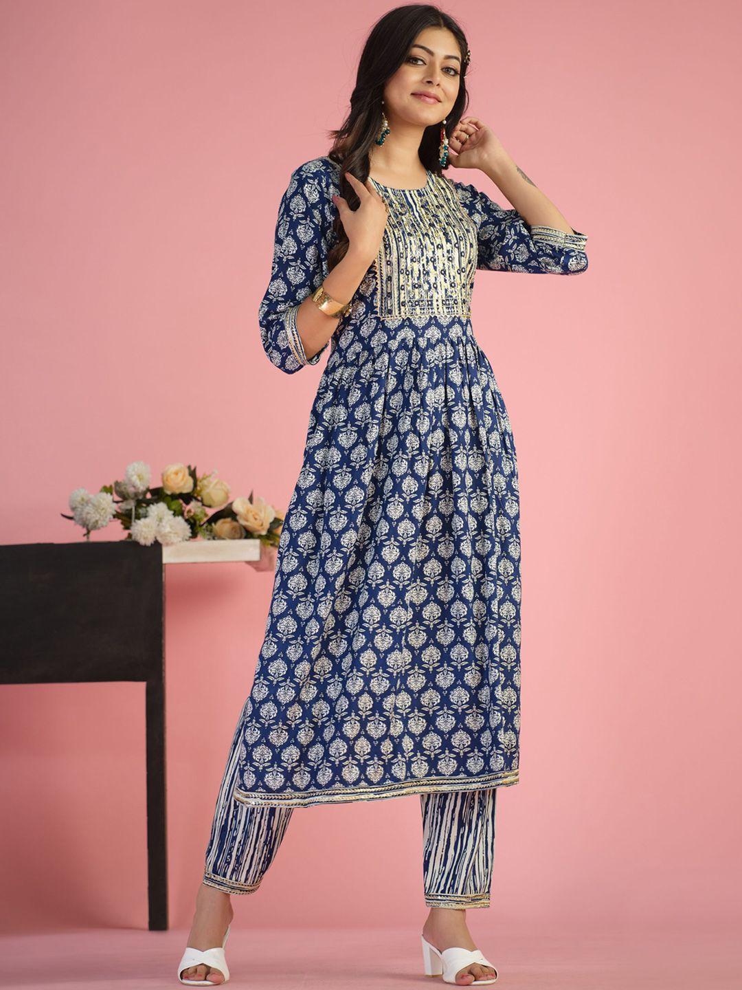 sangria ethnic motif-printed a-line kurta with trouser