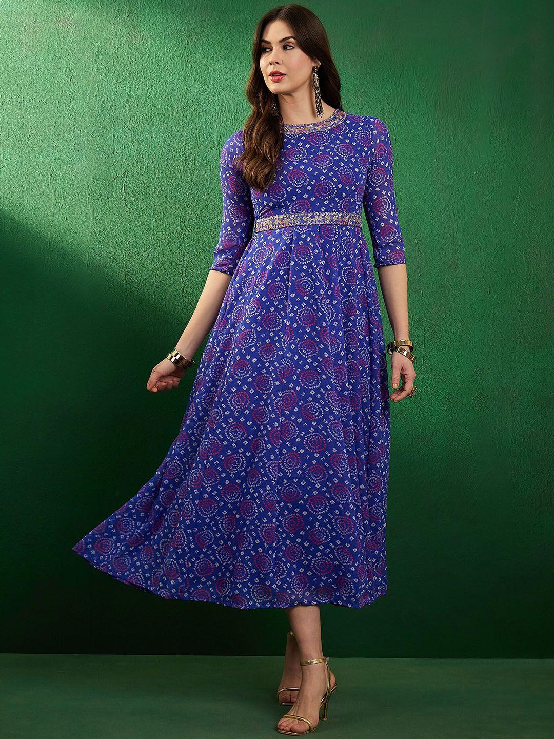 sangria ethnic motif printed fit & flared ethnic dress