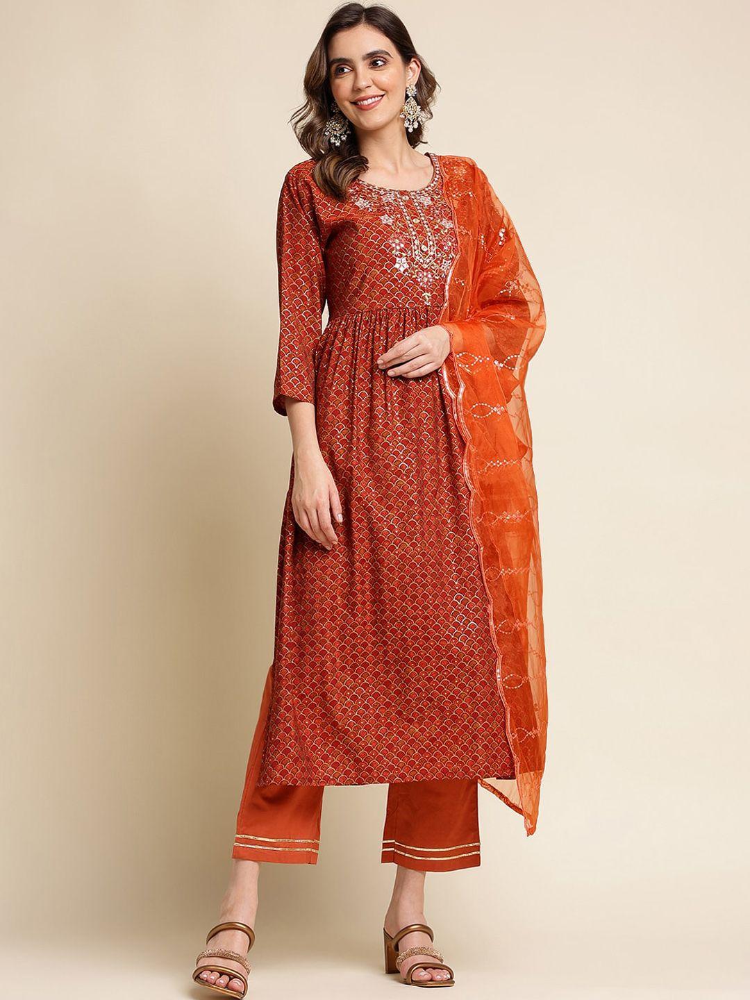 sangria ethnic motif printed mirror work chanderi cotton kurta with trouser & dupatta