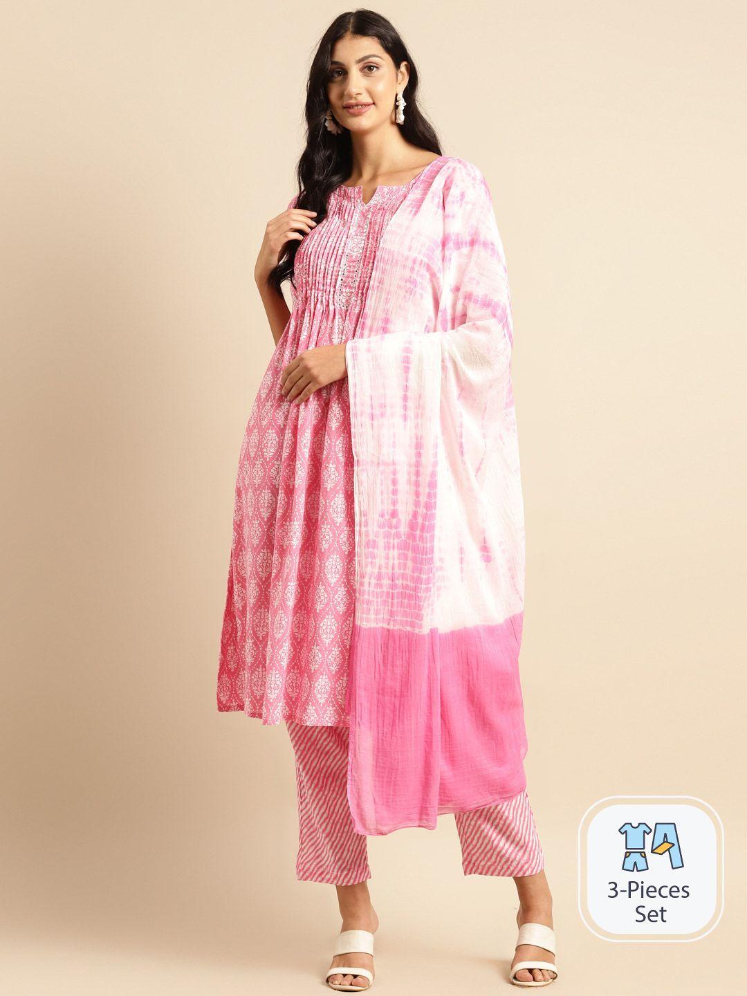 sangria ethnic motif printed pleated pure cotton a-line kurta & trouser with dupatta