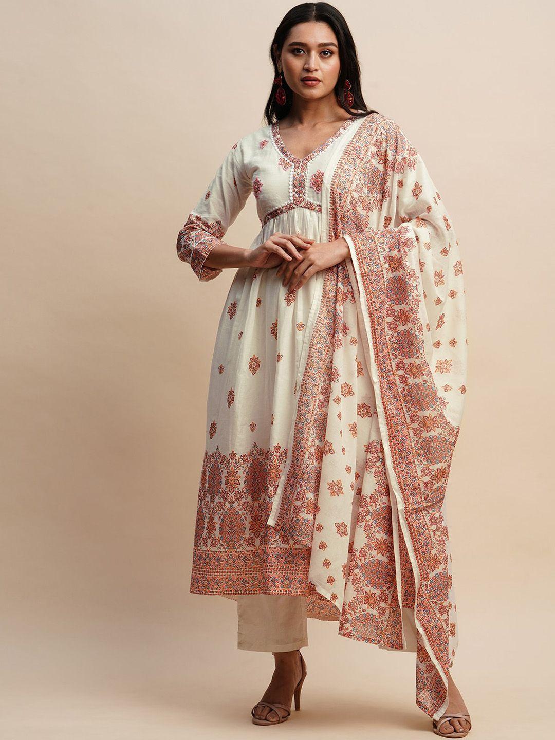 sangria ethnic motif printed pure cotton a-line empire kurta with trouser & dupatta