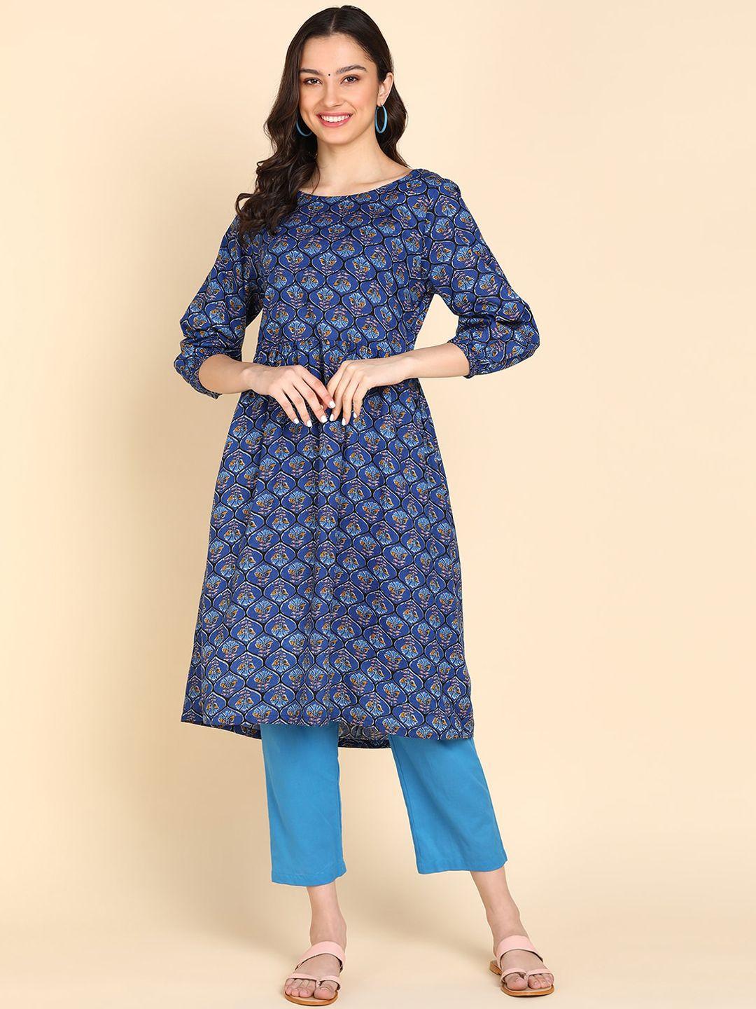 sangria ethnic motif printed pure cotton a-line kurta with trouser