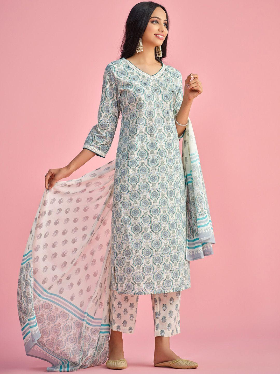 sangria ethnic motif-printed pure-cotton straight kurta with trouser & dupatta