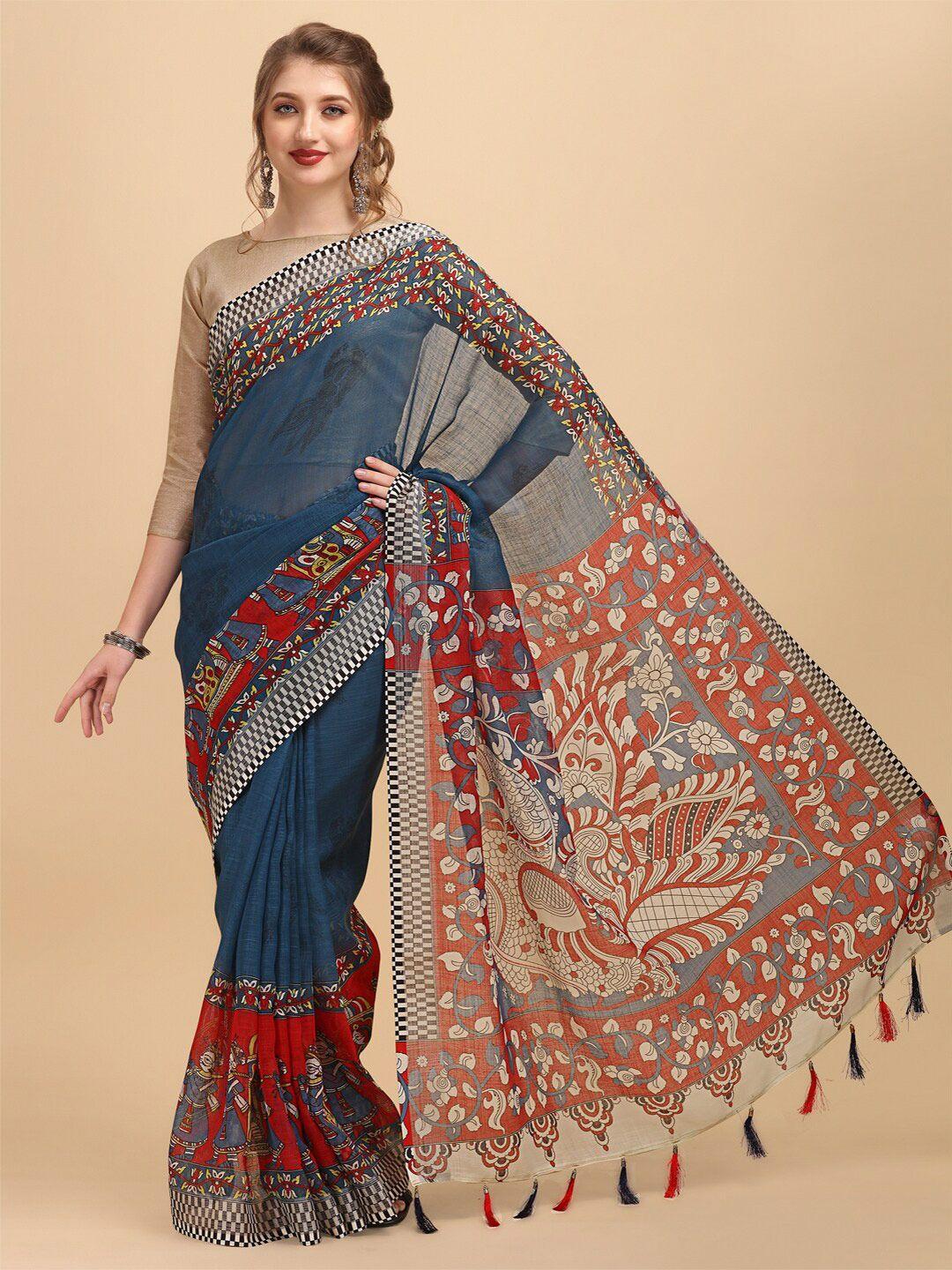 sangria ethnic motif printed pure linen saree