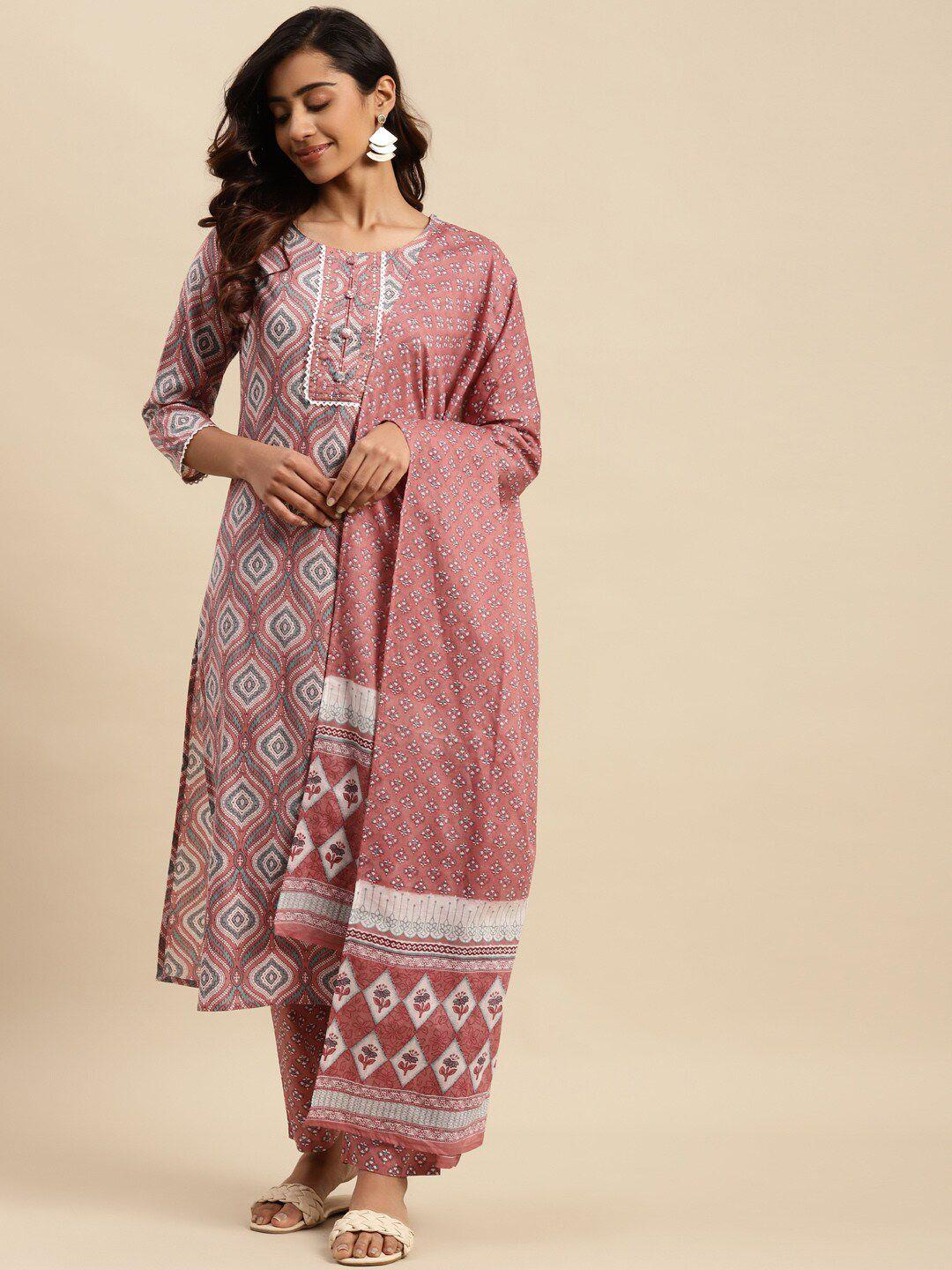 sangria ethnic motif-printed sequinned pure-cotton straight kurta with trouser & dupatta