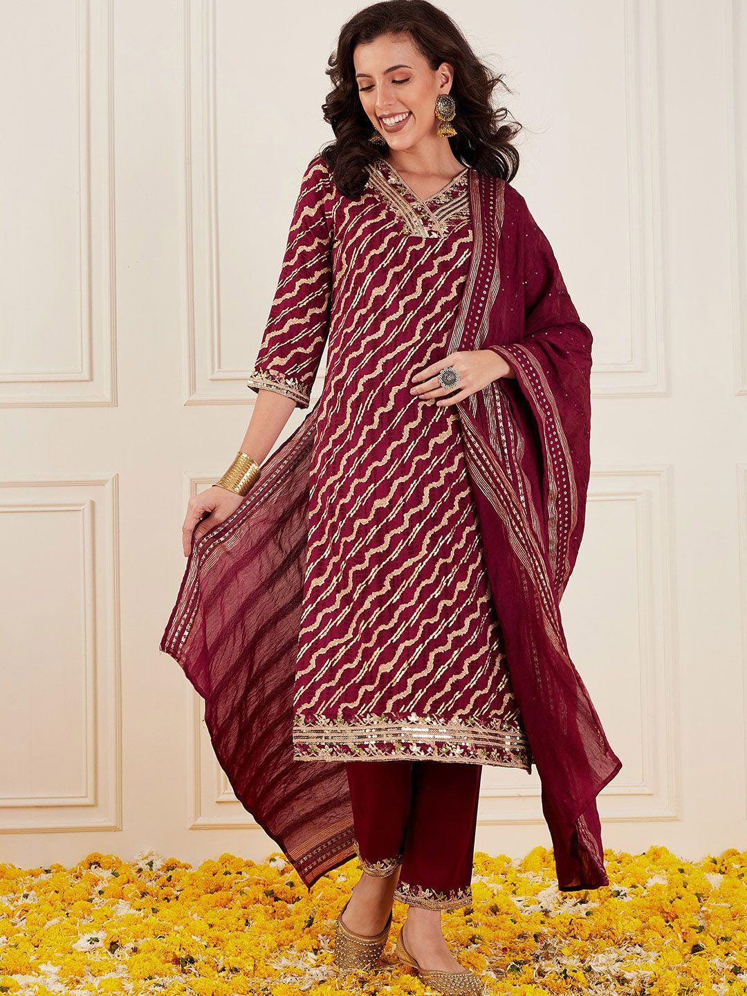 sangria ethnic motif printed sequinned straight kurta with trouser & dupatta