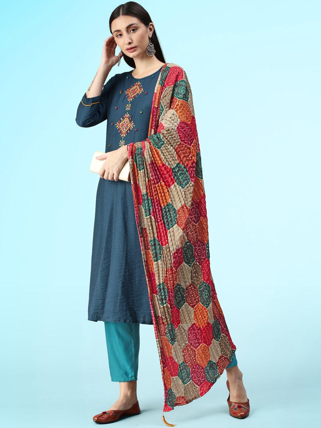 sangria ethnic motifs embridered mirror work straight kurta with trouser & dupatta