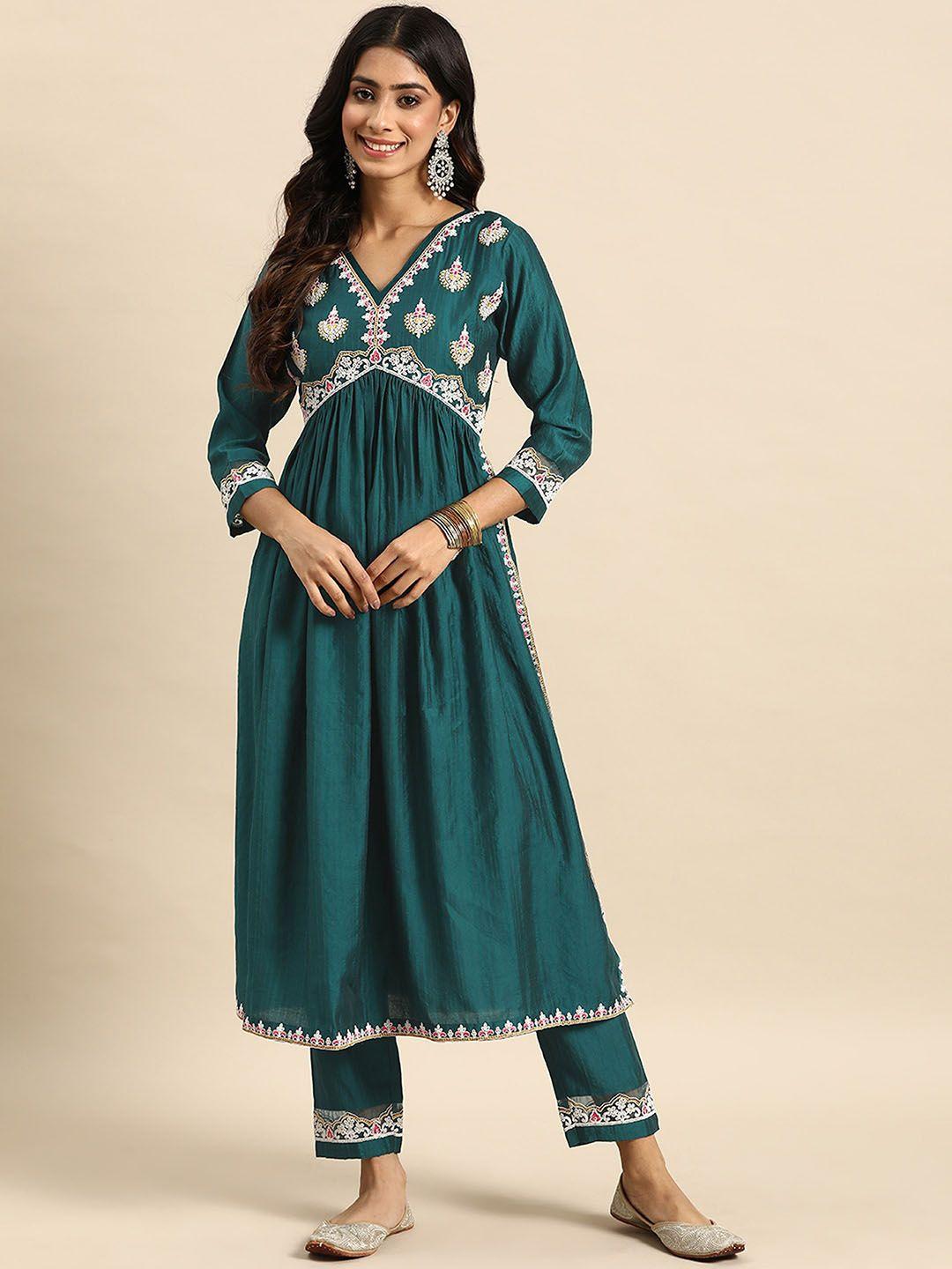 sangria ethnic motifs embroidered a-line kurta with trouser