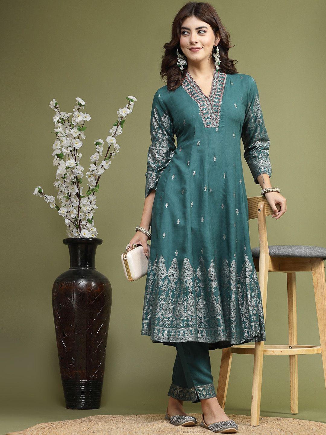 sangria ethnic motifs embroidered a-line kurta with trousers