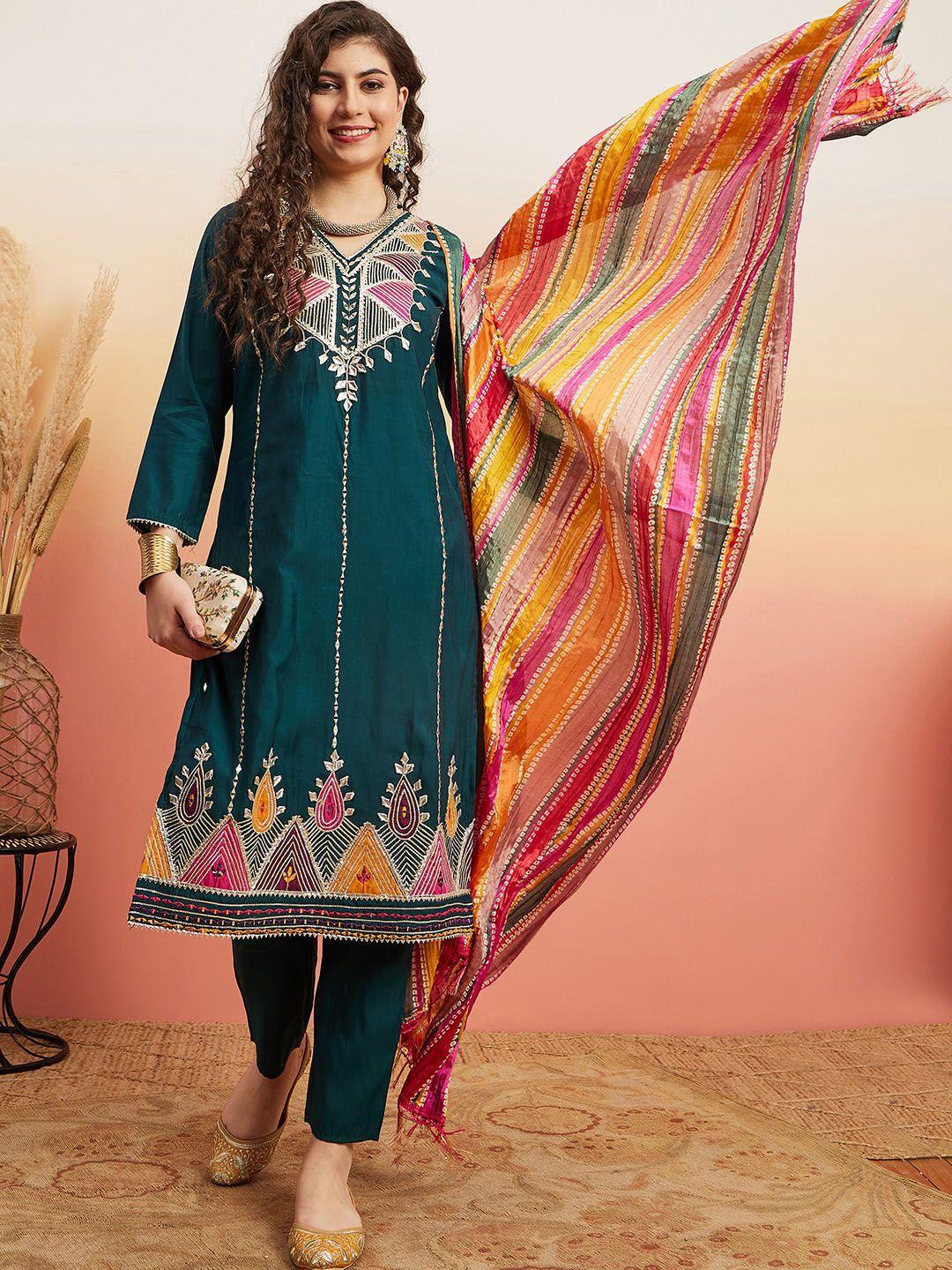 sangria ethnic motifs embroidered gotta patti straight kurta with trouser & dupatta