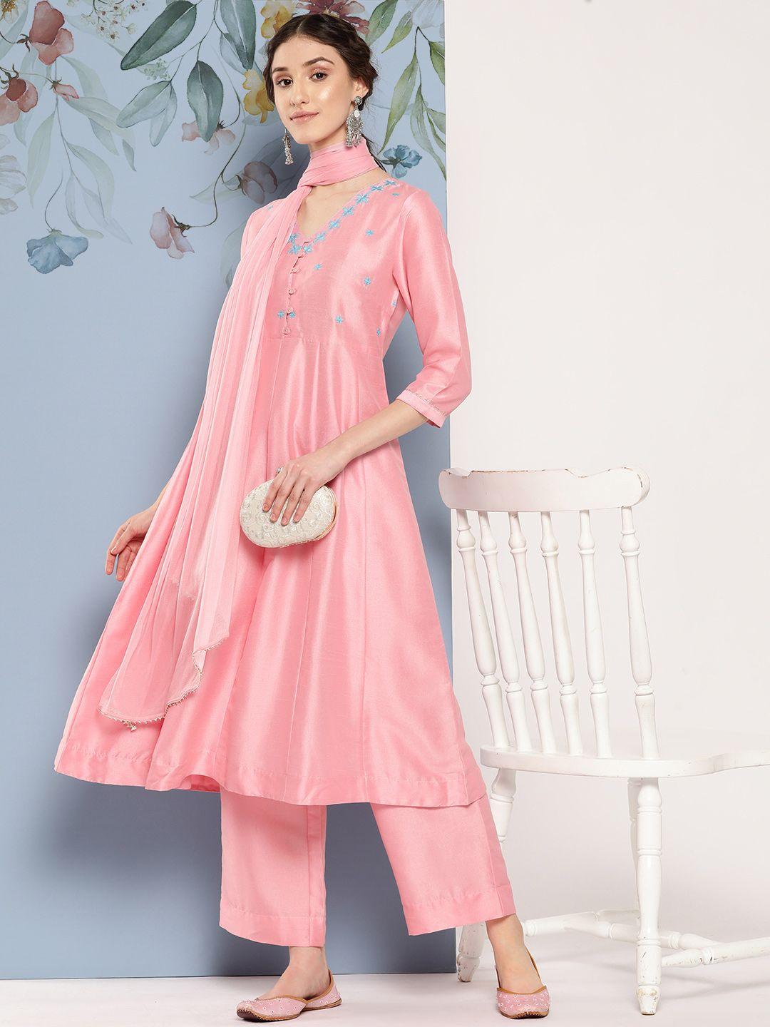 sangria ethnic motifs embroidered panelled thread work kurta with palazzos & with dupatta