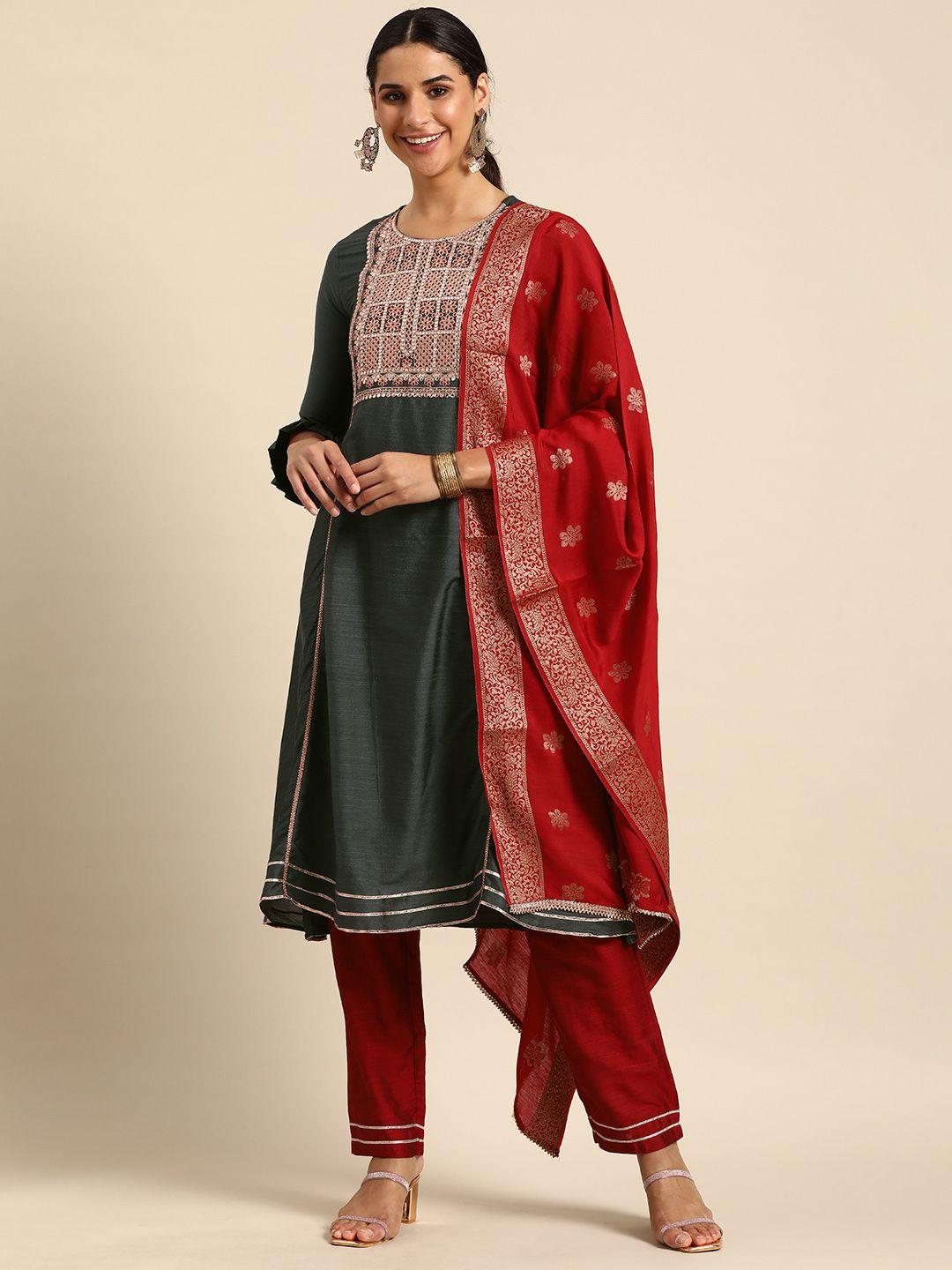 sangria ethnic motifs embroidered regular mirror work kurta with trousers & dupatta