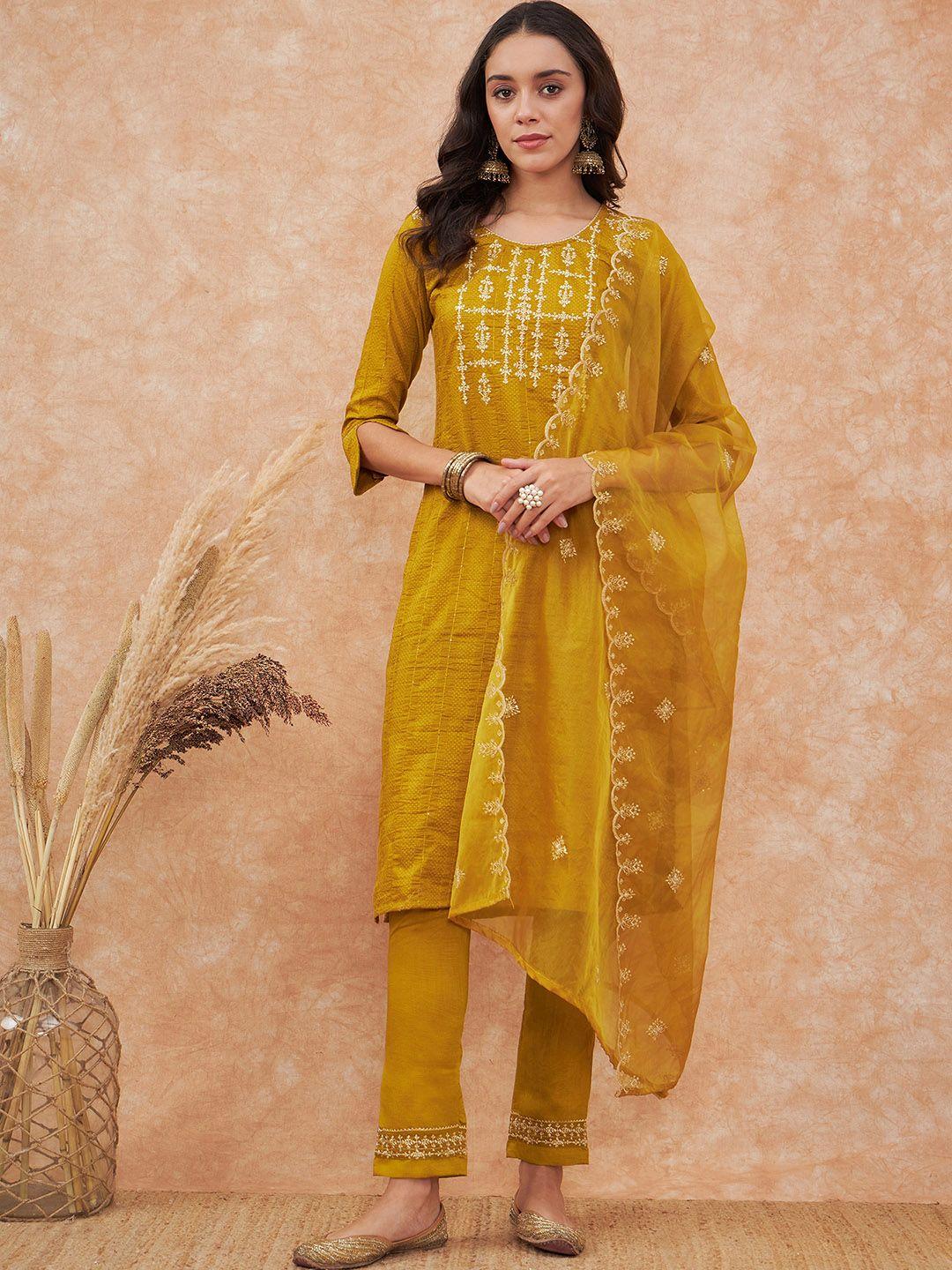 sangria ethnic motifs embroidered sequined straight kurta with trousers & dupatta