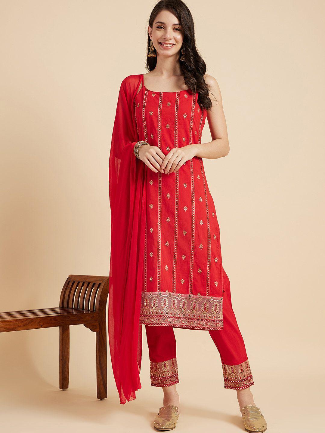 sangria ethnic motifs embroidered sequinned pure cotton kurta & trousers with dupatta