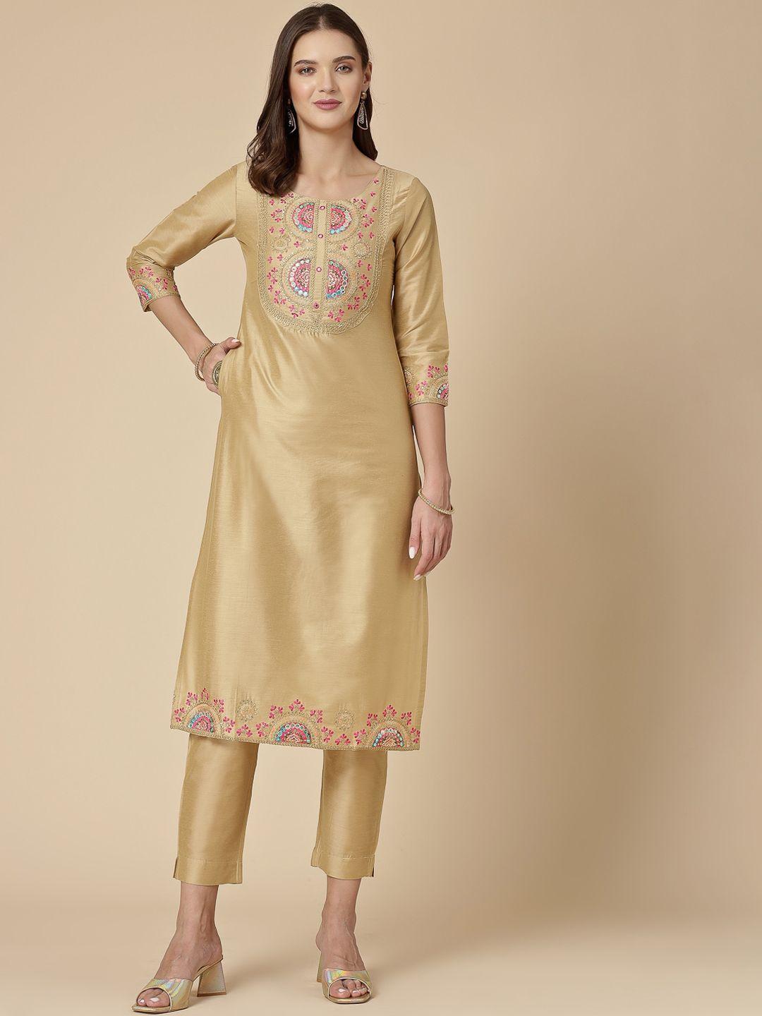 sangria ethnic motifs embroidered straight kurta & trousers with dupatta